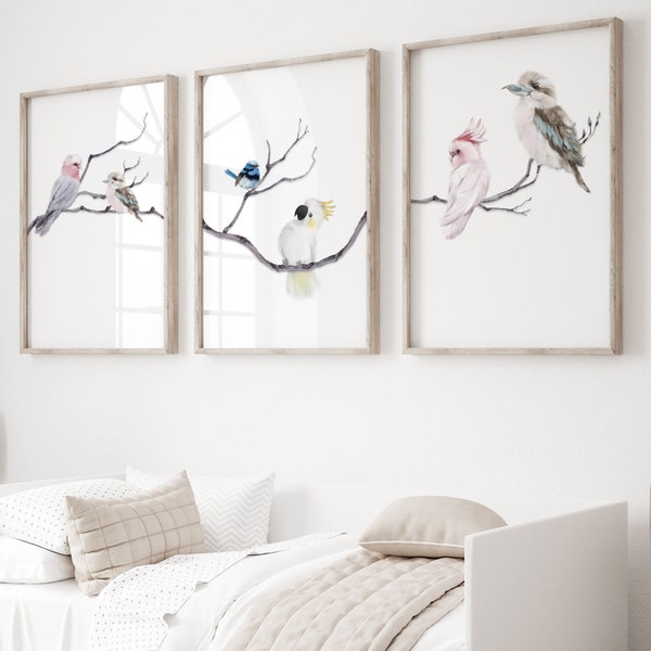 Three piece wall art - Kookaburra, Cockatoo, Wren, Major Mitchell Parrot Print - Bird Printable - Australia Nursery and Bedroom Wall Art