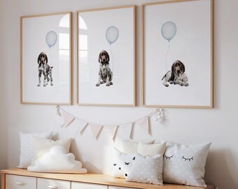 Kortharige staande hond puppy kinderkamerdecoratie | Set van 3 blauwe hondenprints | Aquarel SAP muurkunst voor babykamer jongens | Digitale download