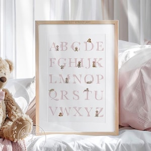 GOLDENDOODLE Puppy Alphabet Poster, Goldendoodle with pink bows ABC Poster Nursery Decor for a Girl, Pastel Pink Alphabet Poster, Digital GD
