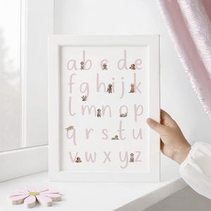 GOLDENDOODLE Puppy Alphabet Poster, Goldendoodle pink with bows ABC Poster Nursery Decor for a Girl, Pastel Pink Alphabet Poster, Digital GD