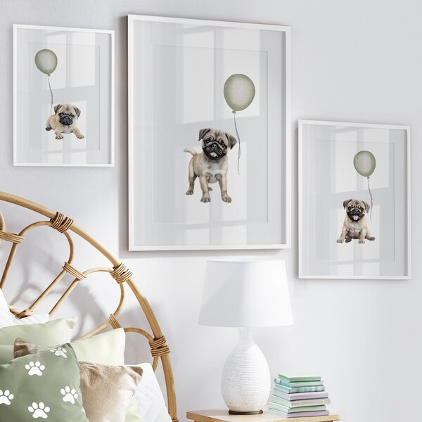 Fawn Pug 3 piece wall art | Sage green puppy nursery decor |  Pug art for a boys room | Pug Dog with Balloons nursery art | Digital Prints