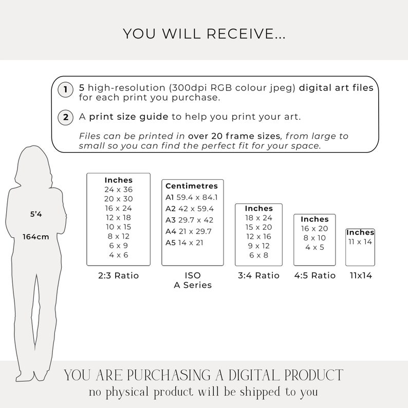 May include: A digital download guide for printing art in various sizes. The guide includes a list of sizes in inches and centimeters, with corresponding aspect ratios. The text reads "You will receive... 5 high-resolution (300dpi RGB colour jpeg) digital art files for each print you purchase. A print size guide to help you print your art. Files can be printed in over 20 frame sizes, from large to small so you can find the perfect fit for your space. You are purchasing a digital product, no physical product will be shipped to you."