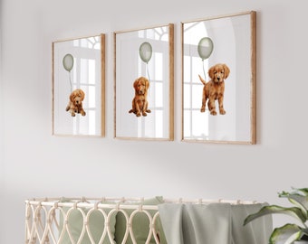 GOLDEN RETRIEVER Puppy Nursery Decor. Set of three prints. Golden Retriever Puppies with Sage Green Balloons. Printable Kids Bedroom Decor.