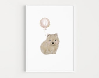 WOMBAT with pink balloon nursery decor. Australian Animal print for nursery. Aussie animal prints. Australian nursery animals. Wombat poster