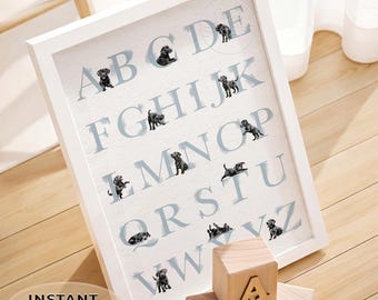 ZWARTE LABRADOR ABC-poster voor decoratie jongen puppy | Digitale afdrukken | Hondenkamerkunst en puppykamerdecoratie voor de babykamer