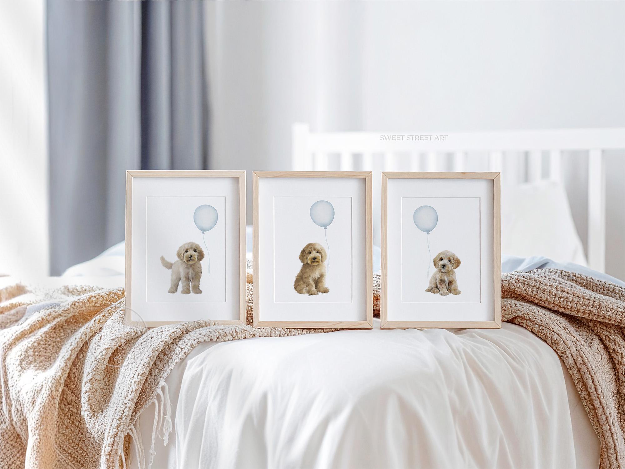 GOLDENDOODLE Nursery Prints. Puppy Nursery Decor. Goldendoodles with Blue Balloons. Goldendoodle Art for Baby Boy Nursery, Boy's Bedroom GD