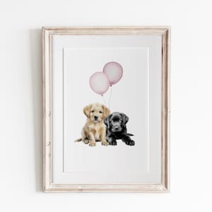 LABRADOR NURSERY PRINT: Black Labrador and Yellow Labrador Puppy Nursery Decor, Labrador Puppies with Pink Balloons. Digital Download