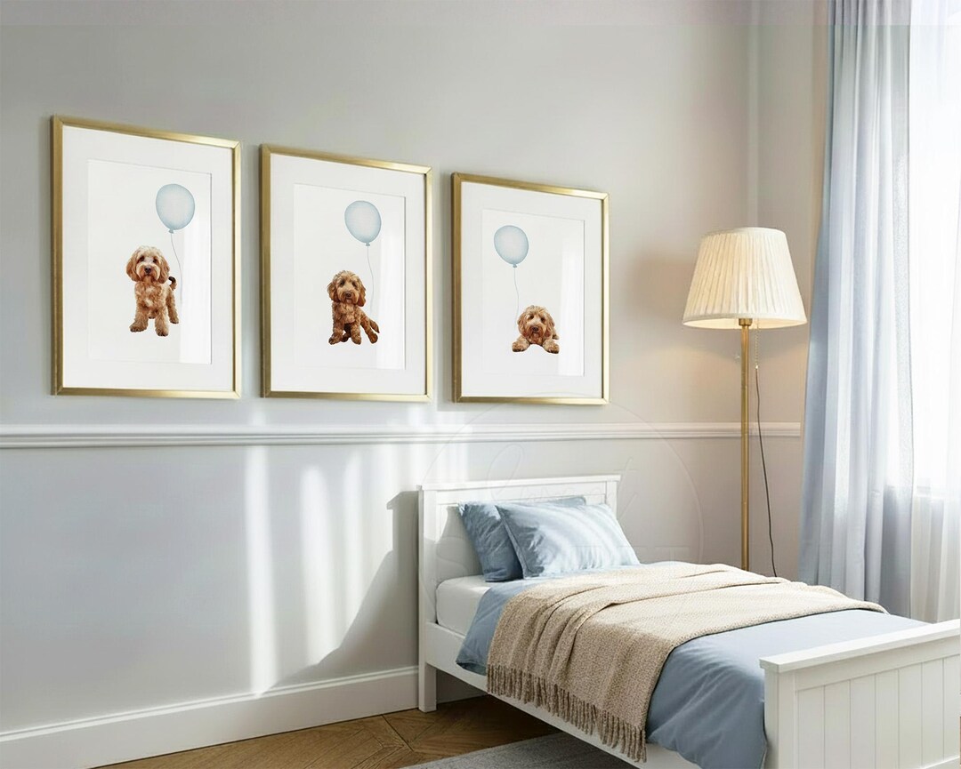 COCKAPOO Nursery Wall Art Set, Blue Balloons | Puppy Decor for Boy's ...