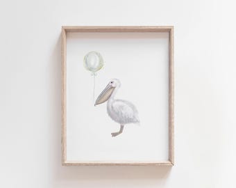 PELICAN PRINT | Pelican with a Balloon | Beach Nursery, Ocean Nursery Wall Art, Ocean Animal Nursery Decor, Nautical Decor, Printable Art