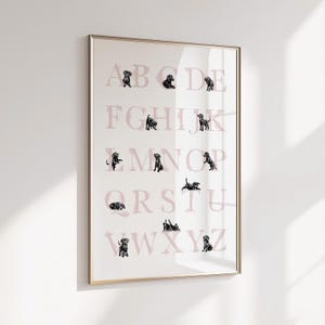 BLACK LABRADOR with pink bows Alphabet Poster | Puppy ABC poster. Black Lab alphabet print. Educational poster puppy nursery decor Printable