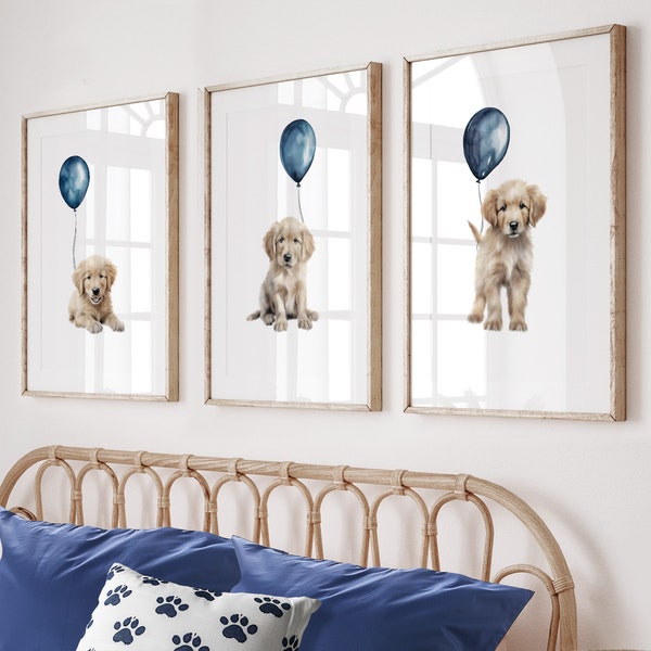 GOLDEN RETRIEVER with Navy Blue Balloons Three piece wall art. Golden Retriever art Boy's Bedroom or Boy's Nursery. Puppy Nursery Decor.