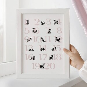 Bordercollie kunst aan de muur, roze aquarel nummer poster border collie-puppy's, decor puppy kinderkamer, babykamerdecor MEISJE, digitale print