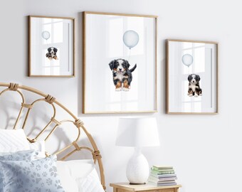 BERNESE MOUNTAIN DOG Puppy nursery decor for a baby boy nursery | Set of 3 prints | Puppies with blue balloons | Dog Nursery Prints