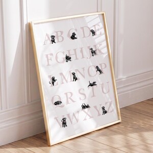 BLACK LABRADOR with pink bows Alphabet Poster | Puppy ABC poster. Black Lab alphabet print. Educational poster puppy nursery decor Printable