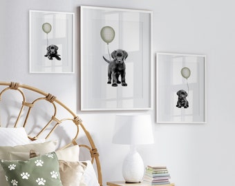 Set of 3 BLACK LABRADOR nursery prints, Black Lab puppies with sage green balloons, Puppy Nursery Decor, Printable Puppy Wall Art