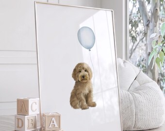 Goldendoodle Nursery Art Prints. Puppy nursery decor. Golden Doodle Puppy with blue balloon. Puppy prints for a Boy. Printable puppy dog GD