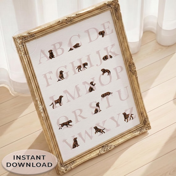 CHOCOLATE LAB Alphabet Poster: Puppy Nursery Decor and Labrador Gifts | Girl Nursery Decor | Pastel Pink Printable ABC