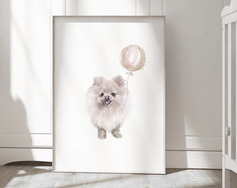 Pomeranian Print, Puppy Dog Prints, Puppy Nursery Decor, Nursery Prints Girl, Pomeranian with Pink Balloon, Printable Wall Art