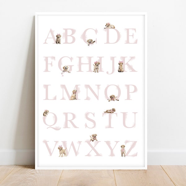 GOLDEN RETRIEVER alphabet poster. Puppy ABC poster. Golden Retriever alphabet print. Educational poster nursery decor, Digital Download