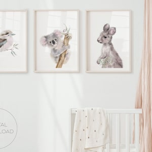 May include: Three framed watercolor prints featuring Australian animals. The first print shows a kookaburra bird on a branch. The second print depicts a koala clinging to a tree branch. The third print shows a kangaroo holding greenery. The words "DIGITAL DOWNLOAD" are in a circle.