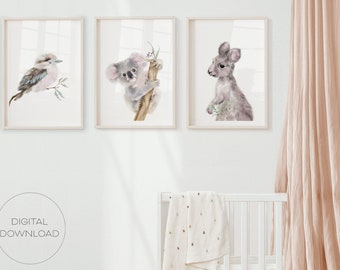 Three piece wall Art, Australian Animals, KOOKABURRA Print, KANGAROO, KOALA Print, Digital Download, Australian Nursery and Bedroom Prints