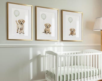 LABRADOR Puppy Nursery Decor, Set of 3 Prints, Yellow Lab Nursery Art Boy, Sage Green Wall Art for a Nursery, Labrador Puppies with Balloons
