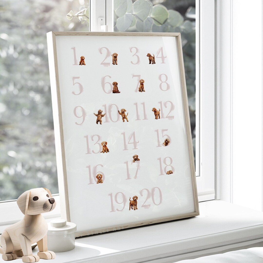 RED GOLDENDOODLE Nursery Art Pastel Pink Numbers Poster for a Girl