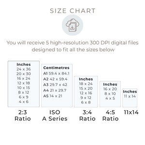以下が含まれることがあります： SIZE CHARTというテキストとYou will receive 5 high-resolution 300 DPI digital files designed to fit all the sizes belowと書かれたサイズ表。2:3、3:4、4:5の比率と11x14のインチ単位の寸法、およびセンチメートル単位のISO Aシリーズが記載されています。
