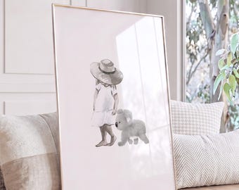 Lámina de koala para guardería, lámina de koala, fauna australiana autóctona, arte imprimible, koala caminando con una niña pequeña que lleva un sombrero de paja.