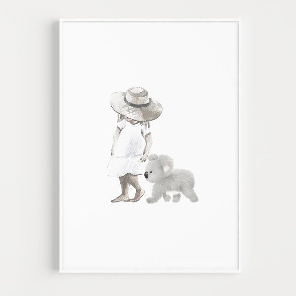 KOALA NURSERY Print, Koala Print, Australian Native, Australian Fauna, Printable Art, Koala walking with toddler girl wearing a straw hat