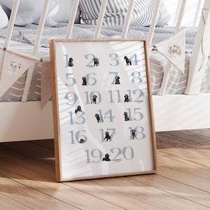 Imprimé chambre d'enfant BLACK GOLDENDOODLE. Impression de numéro de chien Doodle aquarelle bleu. Chambre d'enfant pour chien GARÇON.  Nouveau cadeau de naissance pour le propriétaire d'un Goldendoodle noir