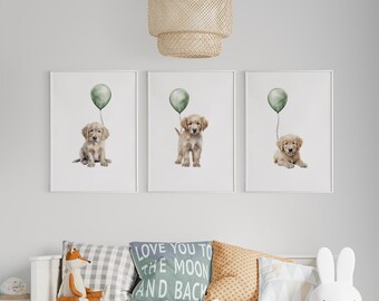 GOLDEN RETRIEVER Nursery Wall Art | Set of 3 Prints | Golden Retriever puppies with sage green balloons puppy nursery decor | Printable Art