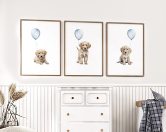 GOLDEN RETRIEVER Nursery Wall Art | Set of 3 Prints | Golden Retriever puppies with pastel blue balloons puppy nursery decor | Printable Art