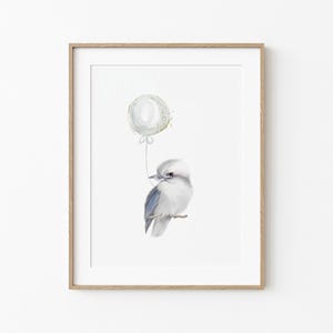 Baby Kookaburra with a blue balloon nursery print. Australian bird digital download. Australian animal nursery prints. Boy nursery decor