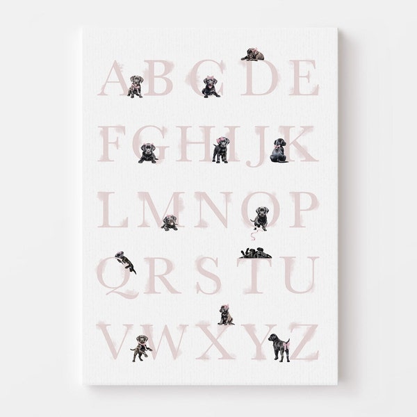 BLACK LABRADOR with pink bows Alphabet Poster | Puppy ABC poster. Black Lab alphabet print. Educational poster puppy nursery decor Printable