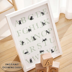 BLACK LABRADOR ABC Poster with Sage Green Letters | Puppy Nursery Decor with Black Lab Puppies | Dog Alphabet Poster | Digital Download