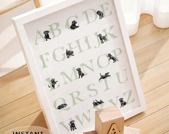 BLACK LABRADOR ABC-poster met saliegroene letters | Puppykamerdecor met zwarte lab-puppy's | Poster hondenalfabet | Digitale download