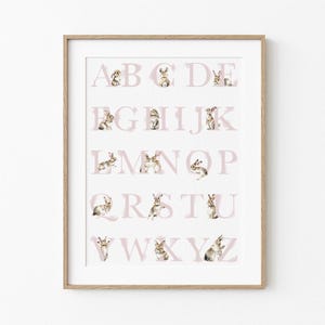 Alfabetposter konijn roze MEISJE | Babykamerdecoratie, muurkunst peuterslaapkamer | ABC-print konijntje | Digitale download
