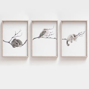 AUSTRALIAN ANIMAL PRINT Set, Set of 3 Prints, Koala, Kookaburra, Sugar Glider, Printable Digital Download, Sleeping Animals, Large Wall Art