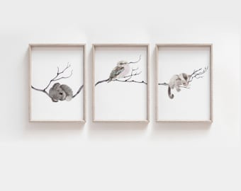 AUSTRALIAN ANIMAL PRINT Set, Set of 3 Prints, Koala, Kookaburra, Sugar Glider, Printable Digital Download, Sleeping Animals, Large Wall Art