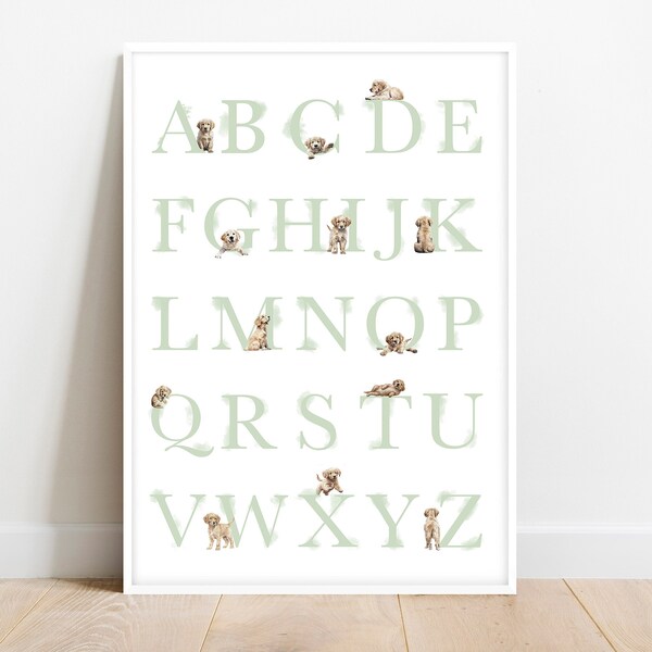 GOLDEN RETRIEVER alphabet poster. Puppy ABC poster. Golden Retriever alphabet print. Sage green puppy nursery decor. Printable Wall Art