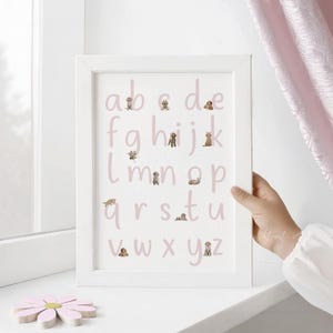 GOLDENDOODLE Puppy Alphabet Poster, Goldendoodle pink with bows ABC Poster Nursery Decor for a Girl, Pastel Pink Alphabet Poster, Digital GD