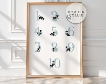 Border Collie Wandkunst, Blaue Aquarell Zahl Poster, Border Collie Welpen | Welpe Kinderzimmer Dekor | Babyzimmer Dekor Junge | Digitaldruck