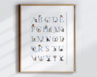 Póster con letras del alfabeto para cachorros, decoración de guardería para cachorros, arte mural para cachorros para dormitorio o guardería de niños, póster con letras del alfabeto para perros, arte de guardería para cachorros P1