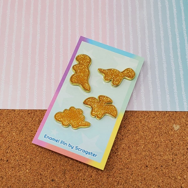 Dino Nuggies Dinosaur Chicken Nugget 1” Glitter Hard Enamel pin set