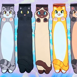 May include: Six long, vertical banners featuring cartoon cats in various poses. The cats are all different colors and breeds, including calico, tabby, black, Siamese, and orange tabby. The banners are all white with a black outline.