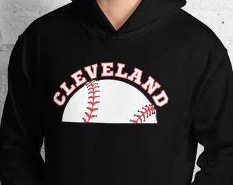 May include: Black hooded sweatshirt with a white baseball graphic and the word "CLEVELAND" in red letters.