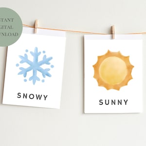 May include: Three watercolor illustrations of weather conditions: a blue snowflake with the word "SNOWY" below, a yellow sun with the word "SUNNY" below, and a blue rain cloud with raindrops and the word "RAINY" below.