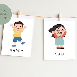 25 émotions et sentiments, cartes flash, coin apaisant, Montessori, éducation, chambre de bébé, art imprimable à télécharger, art numérique, enfants,