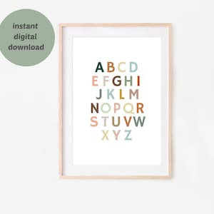 Póster imprimible con gráfico del alfabeto, niños, educación, Montessori, sala de juegos, guardería, aula, ilustración, diversión, niños, descarga de arte digital